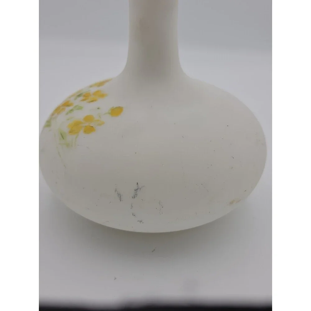 VtgFrosted Satin Glass Floral Decanter Bottle Yellow Flowers w/Stopper 8.5 in